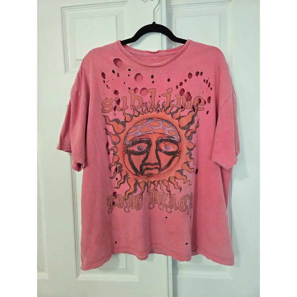 Sublime Long Beach Sun Graphic Distressed T-Shirt Pink Oversized Band Tee Small
